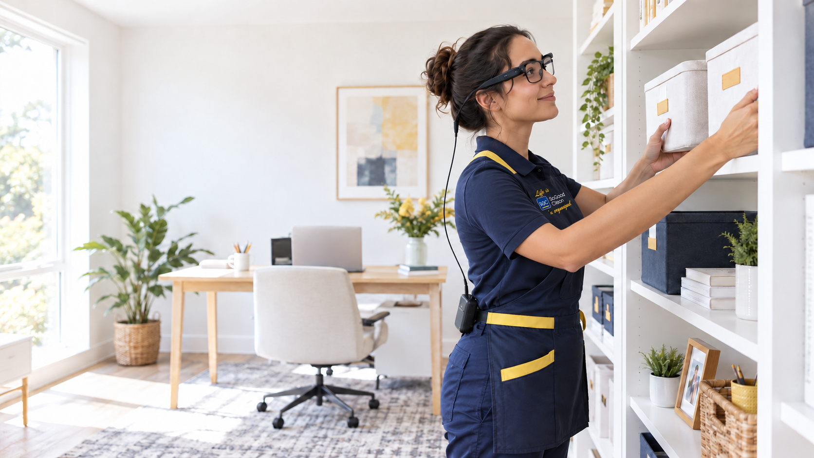 Uniformed So Good Clean organizer using capture glasses while labeling home storage bins