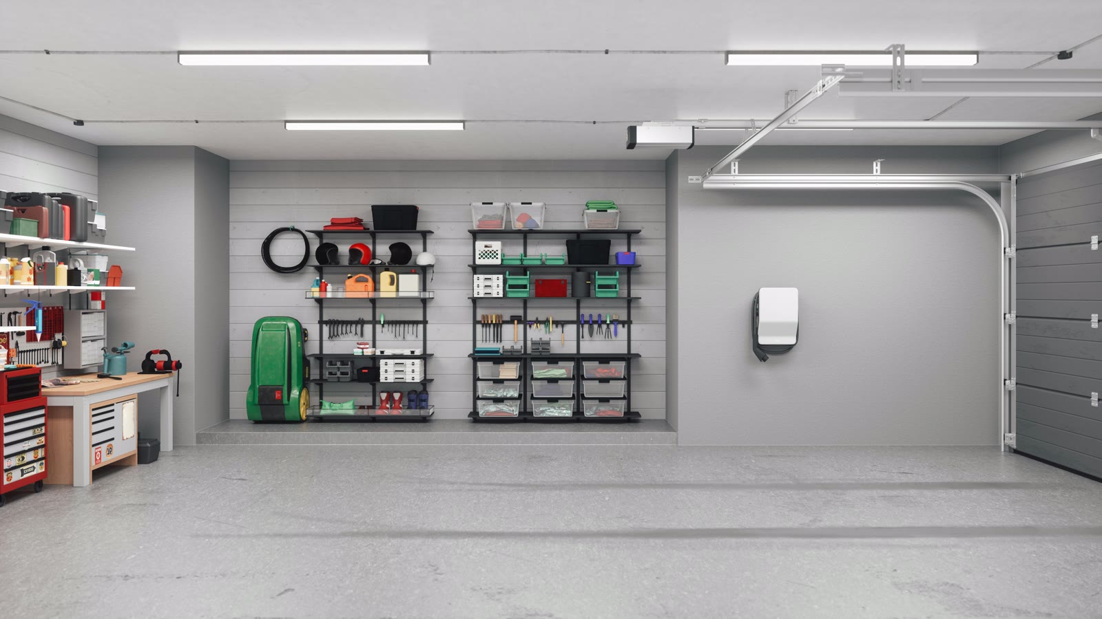 Existing garage wall with tools, bins, and equipment