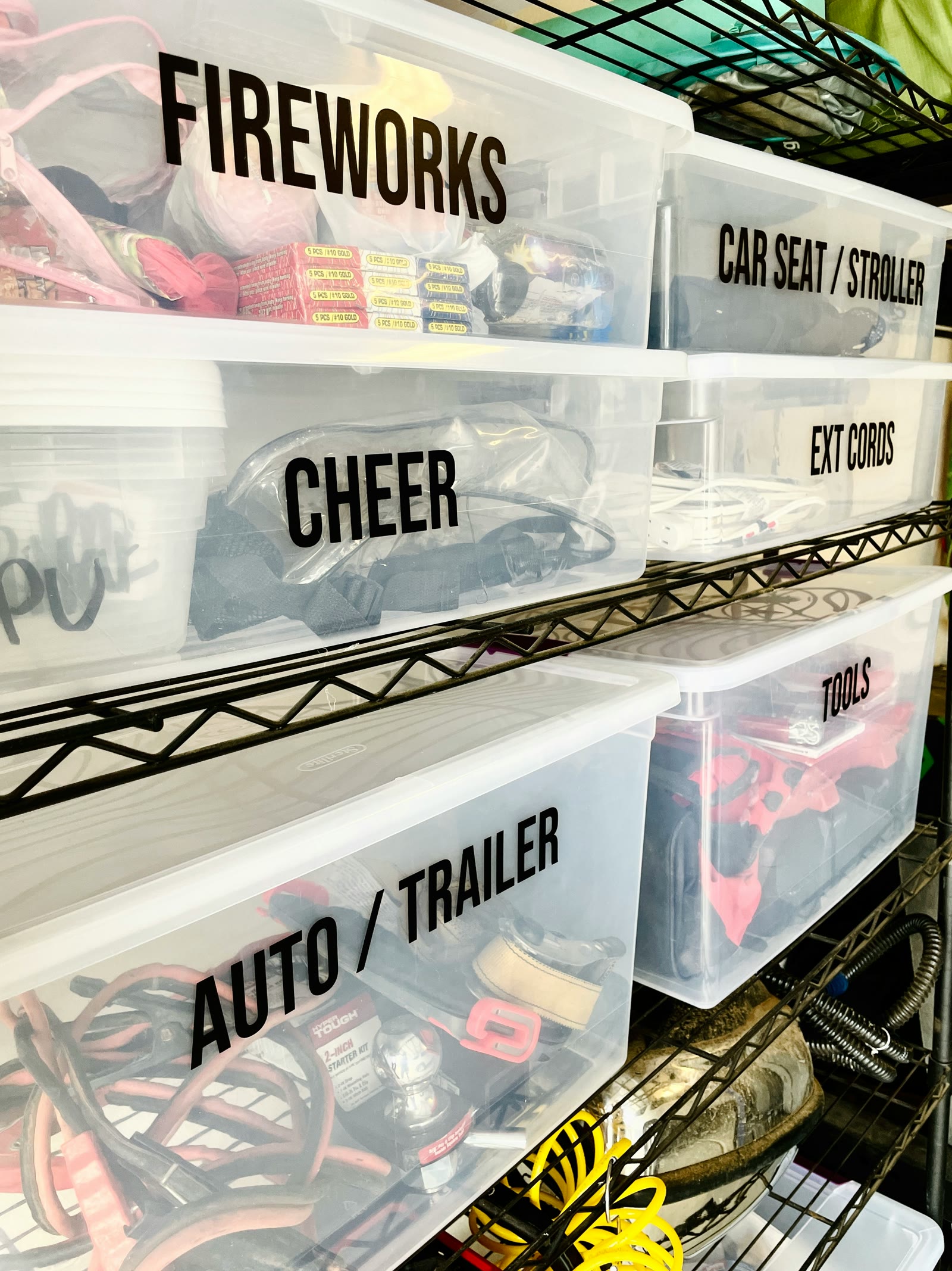 Existing labeled storage bins organized on shelving