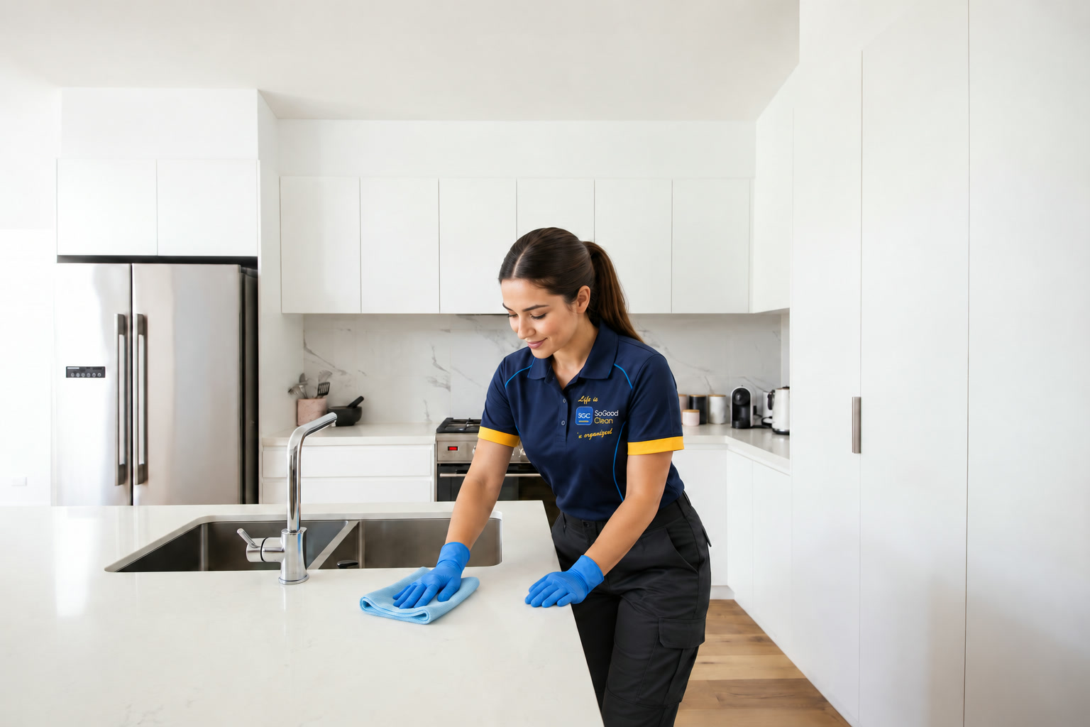 Uniformed cleaner wiping a bright kitchen island