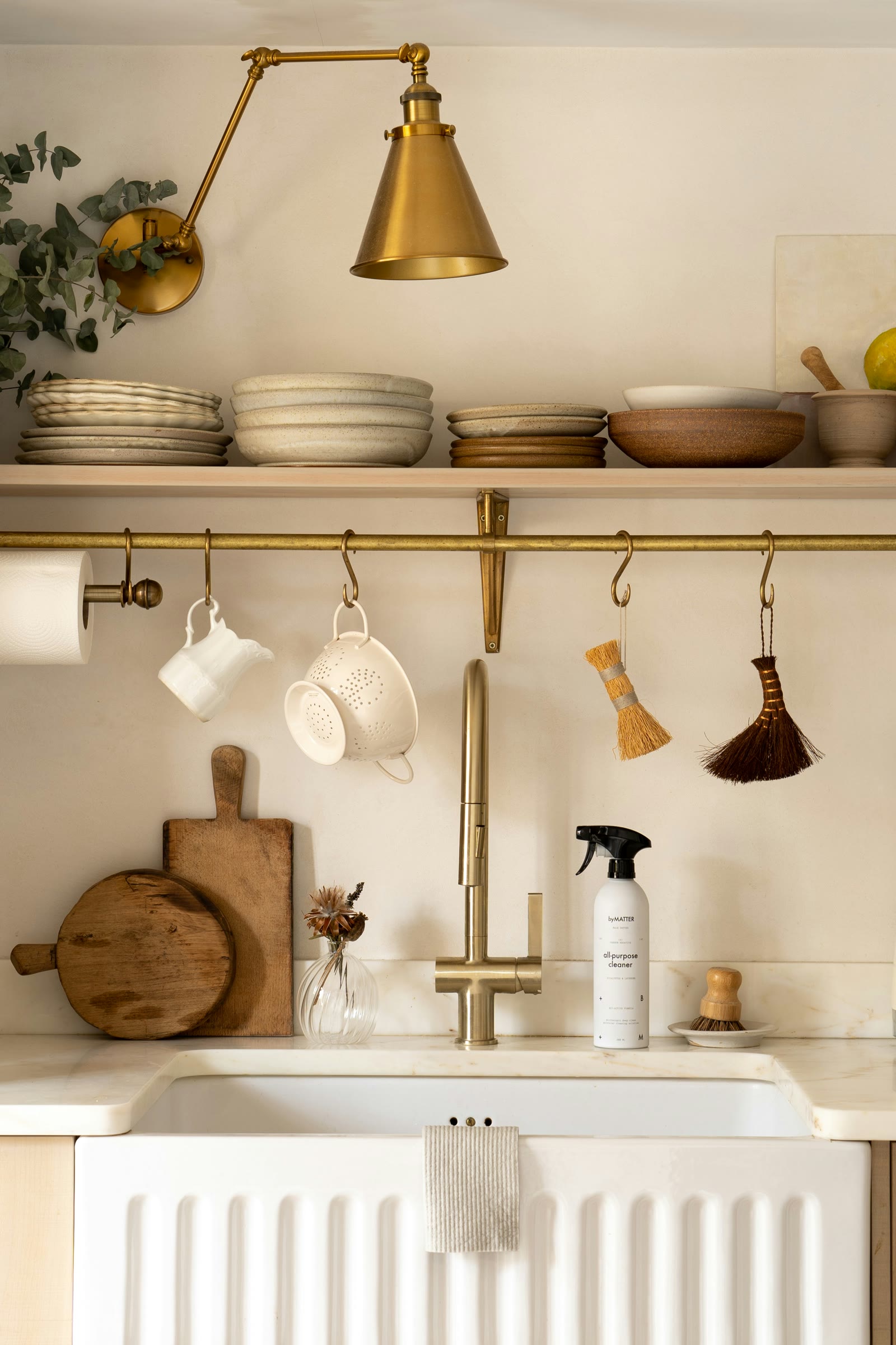 Existing kitchen shelves with everyday supplies and cleaners