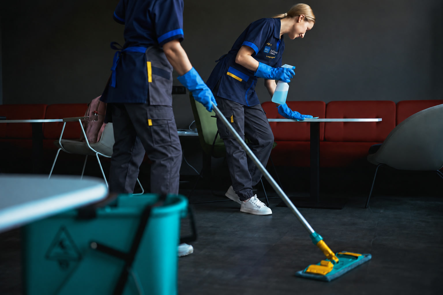 Uniformed cleaning worker servicing an office