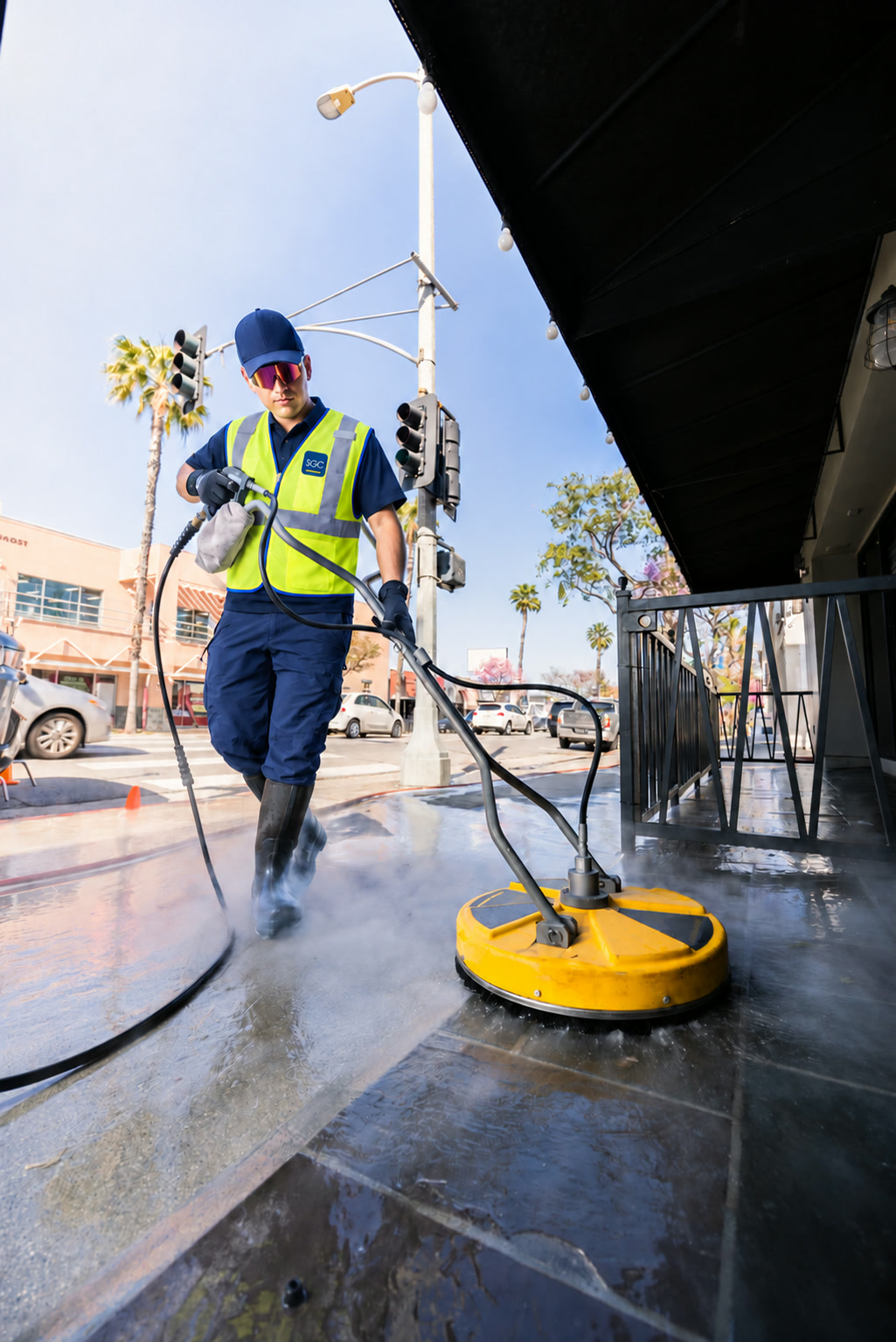 Uniformed worker pressure washing an exterior walkway